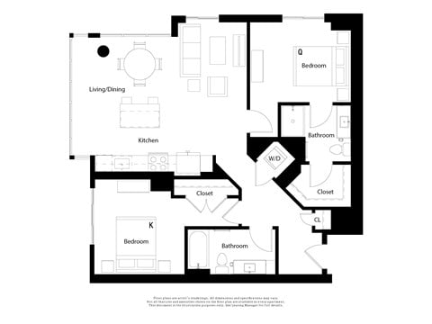 Floor plan for 2 beds, 2 baths, 1138 sqft